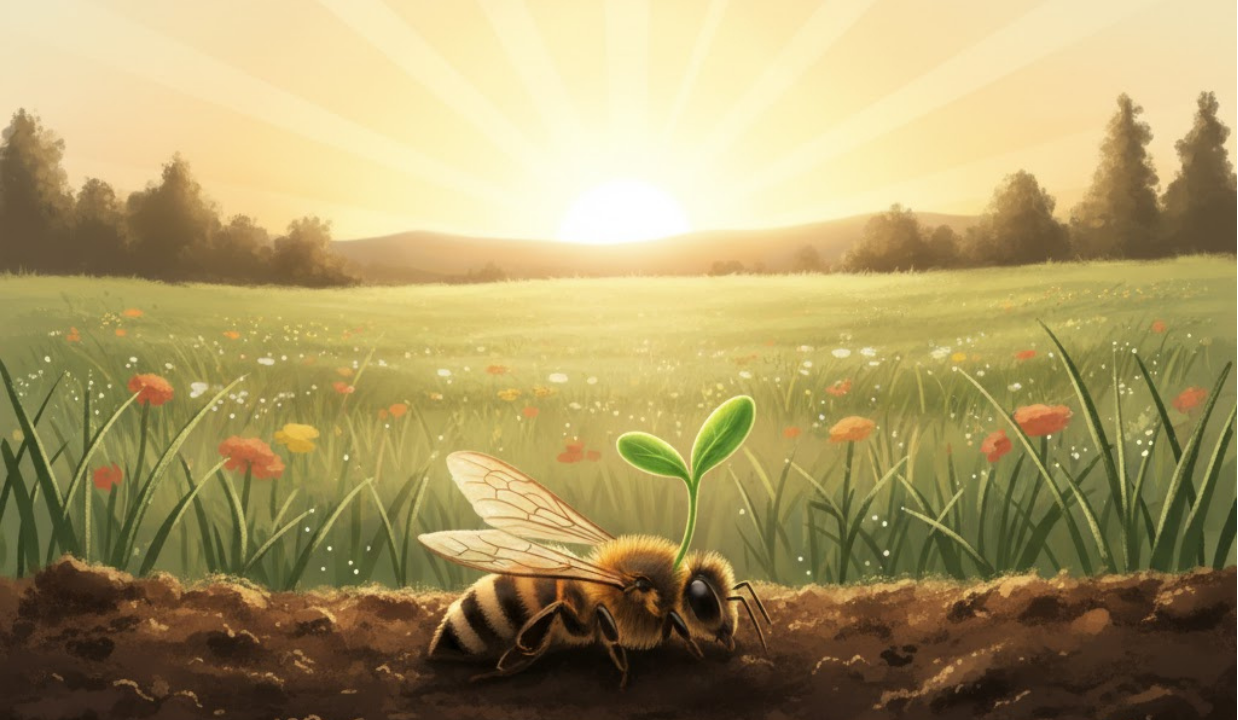 蜂の死骸から新しい双葉が芽吹いている「終わりと再生」を象徴するイラスト