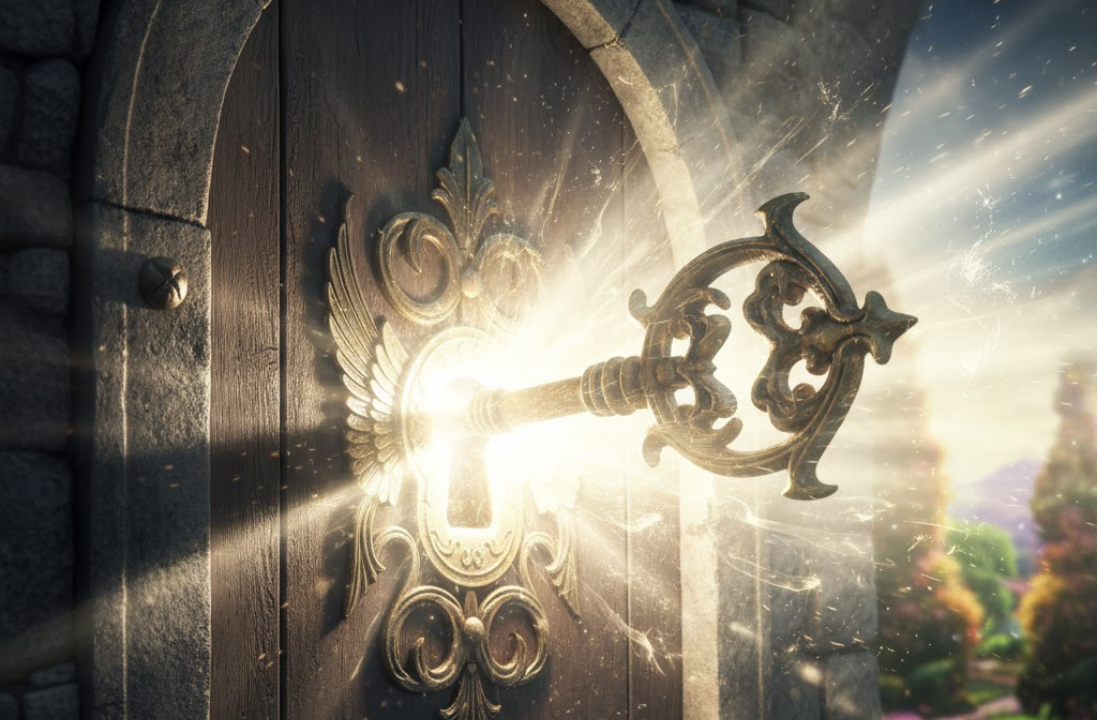 玄関の蜂の死骸と、少し開いたドアから漏れる光が転機を象徴するイラスト