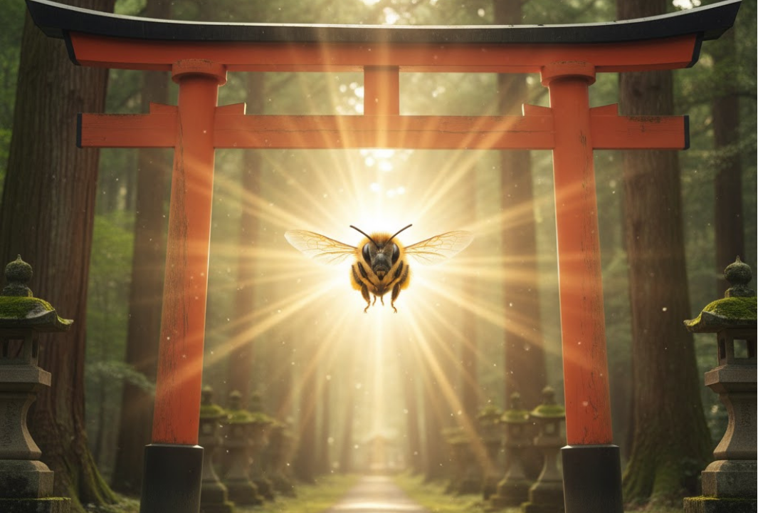 神社の鳥居の中心を、後光を背に飛んでくる蜂のイラスト