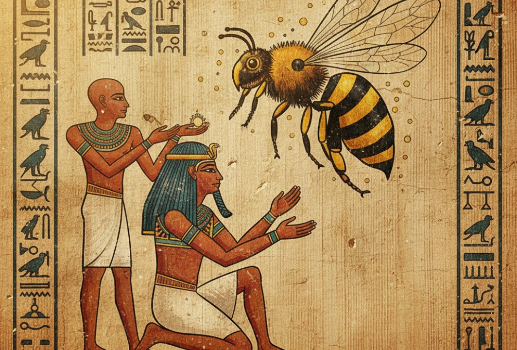 古代エジプトのファラオが蜂に敬意を払っている壁画風イラスト