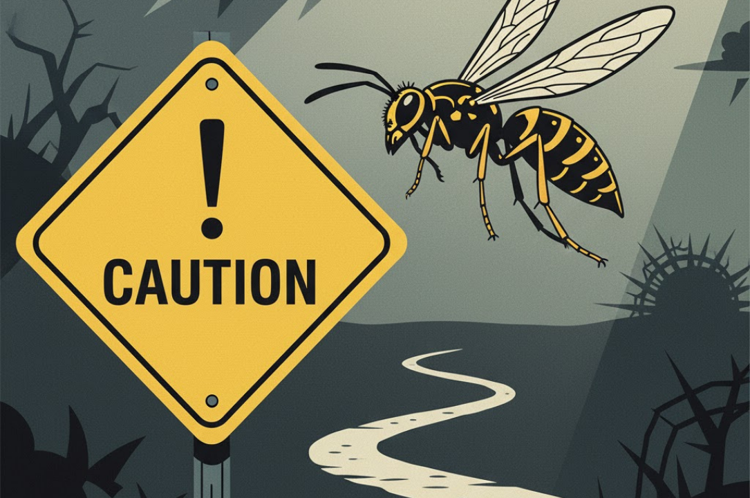 「注意」の標識の近くを飛ぶアシナガバチのイラスト