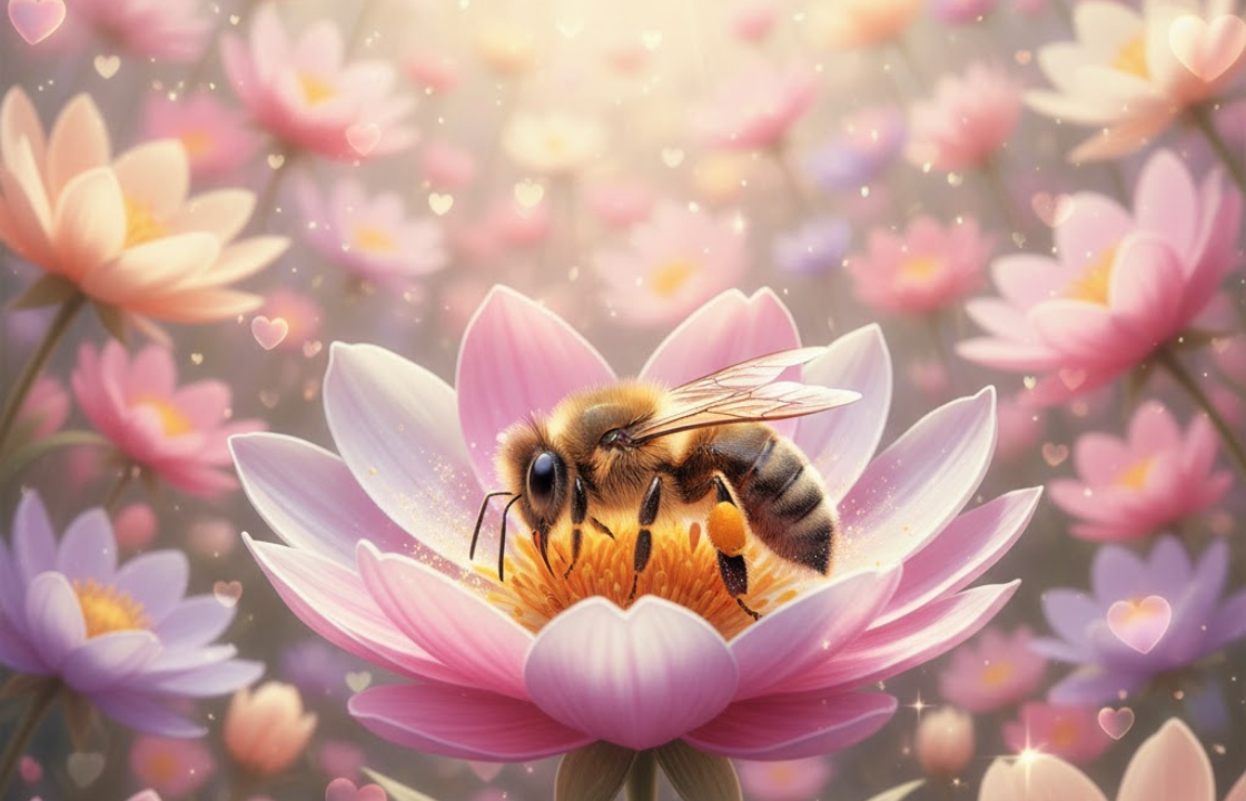 ハートの形の花にとまるミツバチのロマンチックなイラスト
