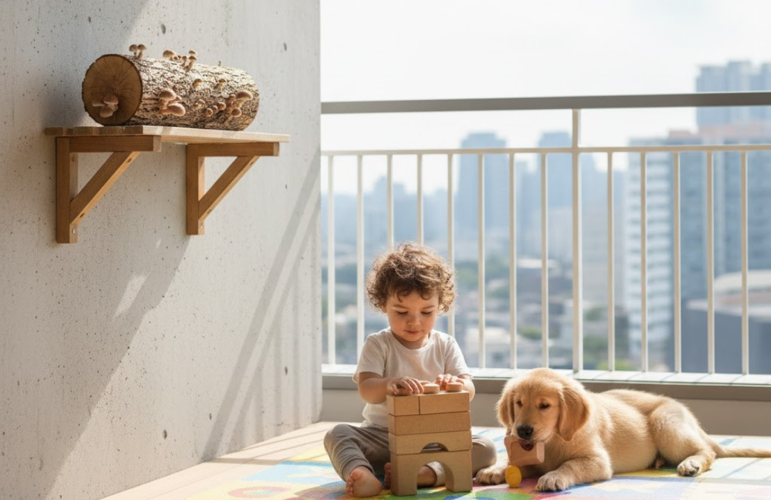 子供やペットのいる家庭で、安全に配慮して高い棚の上に置かれたしいたけ原木。