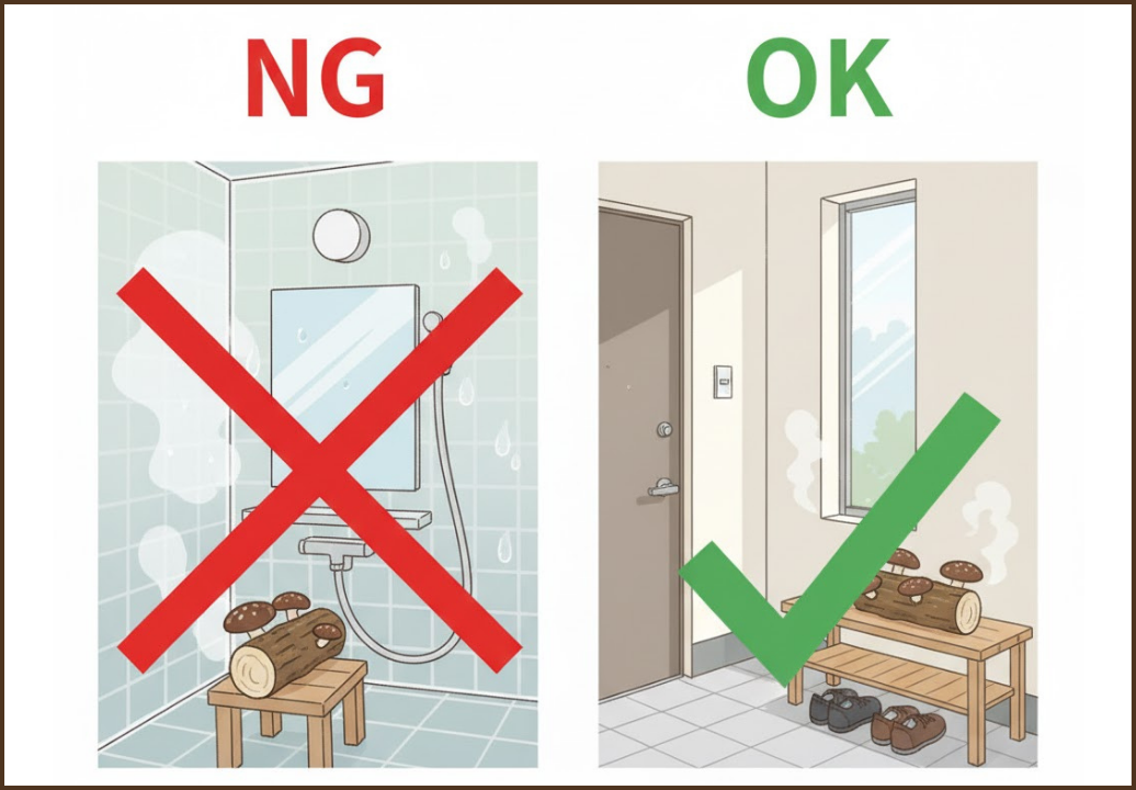 家の中での原木の置き場所として、不適切な浴室と適切な玄関の比較イラスト。