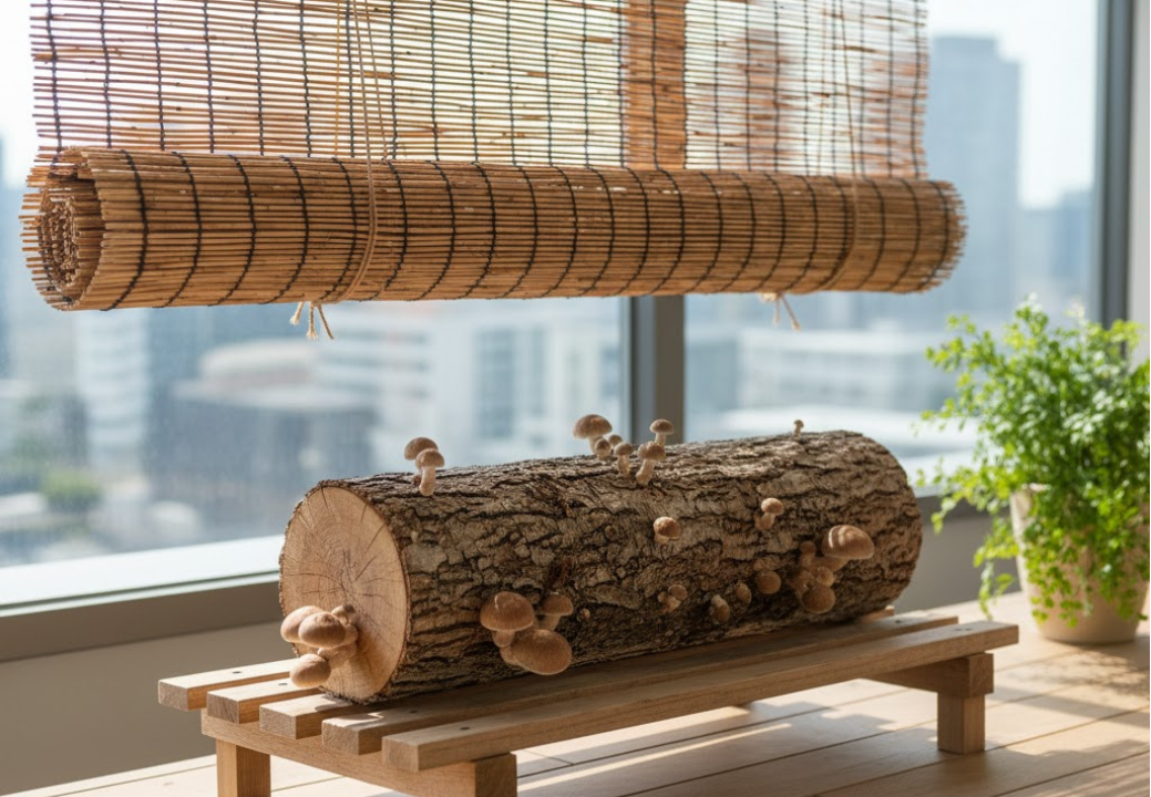 すだれで遮光されたベランダのしいたけ原木。